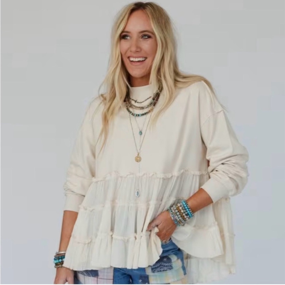 Three Bird Nest Cream Ruffle Tiered Pullover